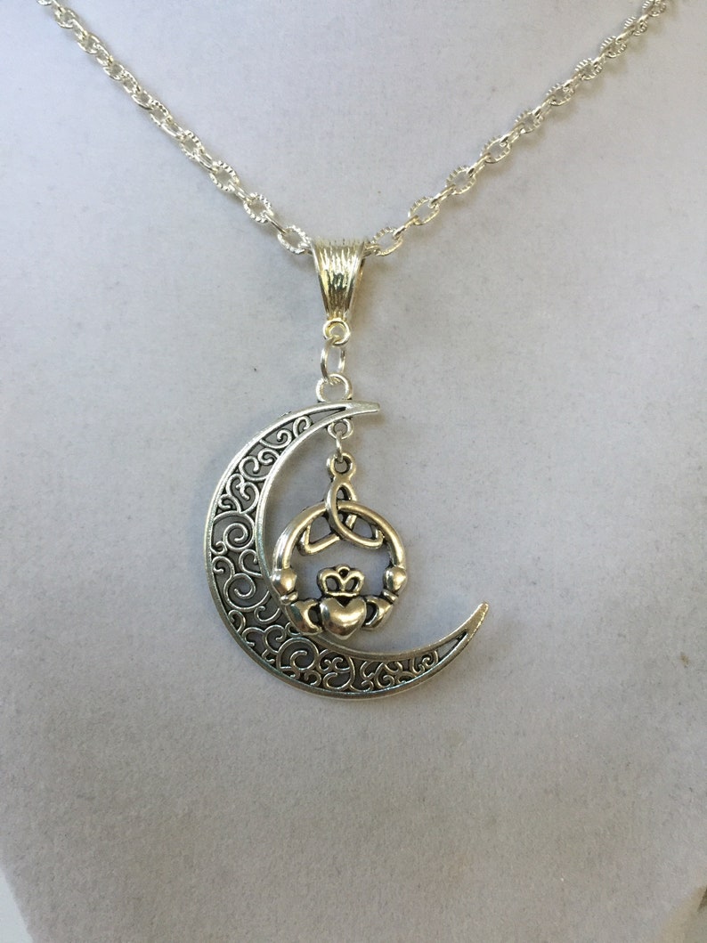 Silver Celtic Crescent Moon and Claddagh Necklace