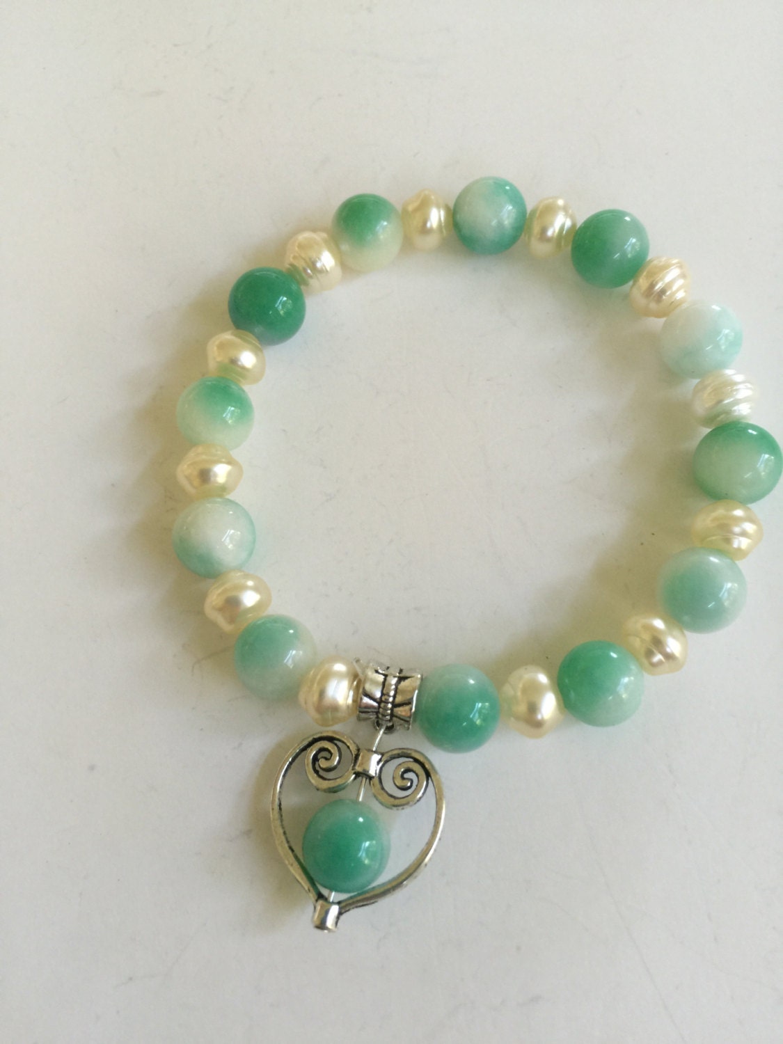 Jade and Pearl with Heart Bracelet | Etsy