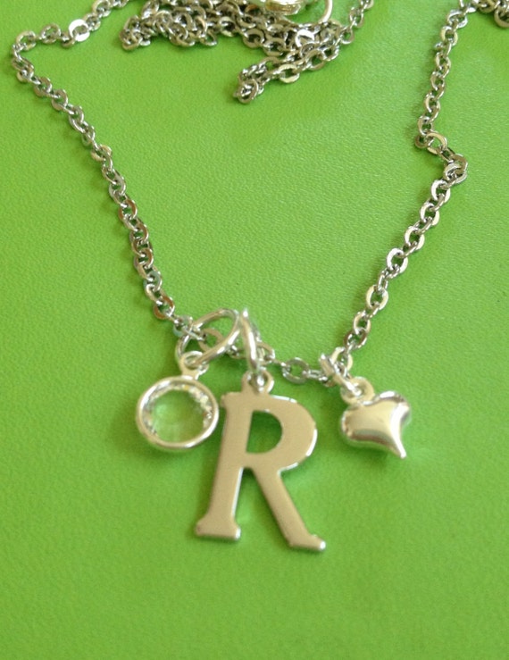 Items similar to Silver Initial R Swarovski Crystal and Heart Necklace