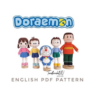 May include: A collection of five crocheted Doraemon characters, including Doraemon himself, standing on wooden bases. The characters are in various outfits, with the Doraemon logo above. The text "ENGLISH PDF PATTERN" is below.