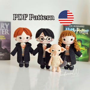 May include: Crocheted dolls of Harry Potter characters, including Harry, Ron, Hermione, and Dobby, wearing school uniforms. The dolls have detailed features and are set against a backdrop of books. The image includes the text "PDF Pattern" and an American flag.