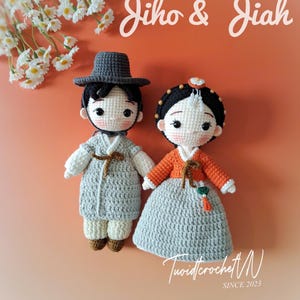 Patrón de crochet para muñeca hanbok coreana: Pareja amigurumi (paquete de patrones PDF 2 en 1)