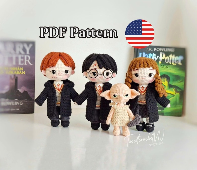 May include: Crocheted dolls of Harry Potter characters, including Harry, Ron, Hermione, and Dobby, wearing school uniforms. The dolls have detailed features and are set against a backdrop of books. The image includes the text "PDF Pattern" and an American flag.