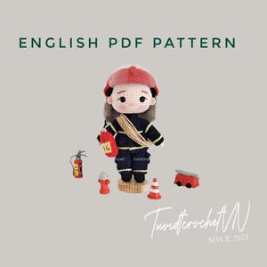 Wzór na szydełko strażaka, wzór na szydełkową lalkę strażaka amigurumi, PDF w języku angielskim