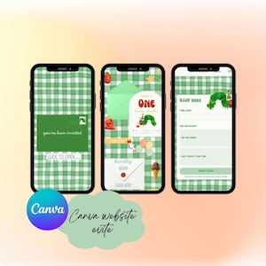 May include: Three smartphones displaying invitation designs with a green gingham background. The designs include text that says "you've been invited", "kindly RSVP", and "RSVP HERE". The Canva logo is also visible.