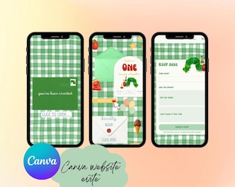 Digital Hungry Caterpillar Birthday Website Template, Editable Canva Evite with RSVP Online Birthday Invitation, First Birthday Party Invite
