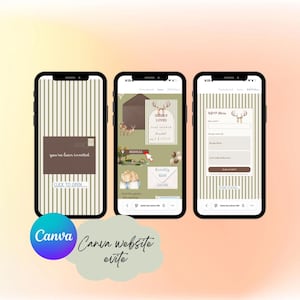 Pode incluir: Três smartphones exibindo um site de convite digital para chá de bebê. As telas mostram um fundo listrado, um envelope marrom com o texto you've been invited, um cartão de convite com tema de cervo e um formulário de RSVP.