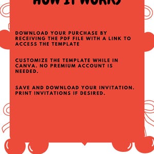 May include: A rectangular red digital template guide featuring a cherry and bow pattern. The text reads: HOW IT WORKS. DOWNLOAD YOUR PURCHASE BY RECEIVING THE PDF FILE WITH A LINK TO ACCESS THE TEMPLATE. CUSTOMIZE THE TEMPLATE WHILE IN CANVA. NO PREMIUM ACCOUNT IS NEEDED. SAVE AND DOWNLOAD YOUR INVITATION. PRINT INVITATIONS IF DESIRED.
