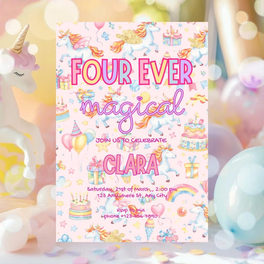 Unicorn 4th Birthday Invitation | Four Ever Magical Birthday Invite ...