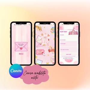 Puede incluir: Tres teléfonos inteligentes que muestran un diseño de invitación rosa. La primera pantalla muestra un sobre con un corazón, la segunda una invitación con temática de circo y la tercera un formulario de confirmación de asistencia. El logotipo de Canva y el texto "Canva website evite" están en la parte inferior.
