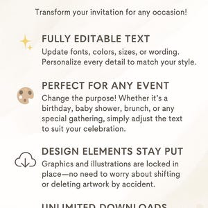 May include: An informational graphic with the heading WHAT CAN I CUSTOMIZE? followed by four sections: FULLY EDITABLE TEXT, PERFECT FOR ANY EVENT, DESIGN ELEMENTS STAY PUT, and UNLIMITED DOWNLOADS, each accompanied by a small icon and descriptive text.