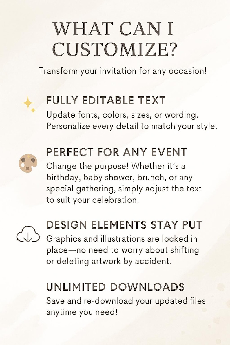 May include: An informational graphic with the heading WHAT CAN I CUSTOMIZE? followed by four sections: FULLY EDITABLE TEXT, PERFECT FOR ANY EVENT, DESIGN ELEMENTS STAY PUT, and UNLIMITED DOWNLOADS, each accompanied by a small icon and descriptive text.