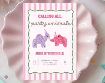 Calling All Party Animals Birthday Invitation, Frosted Animal Cookie, Editable Party Animal Template, Watercolor Animal Cookies