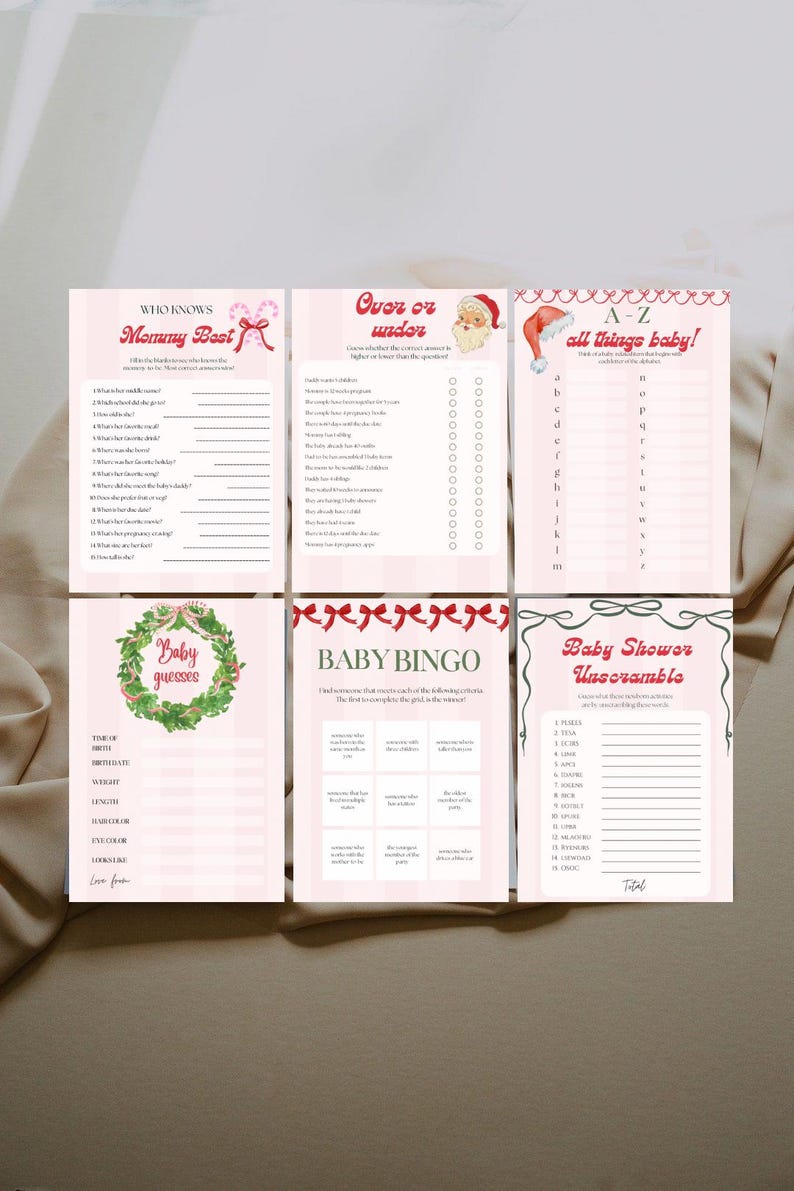 May include: A collection of six baby shower game cards with pink and white backgrounds. The games include "Who Knows Mommy Best," "Over or Under," "A-Z all things baby!," "Baby Guesses," "Baby Bingo," and "Baby Shower Unscramble."