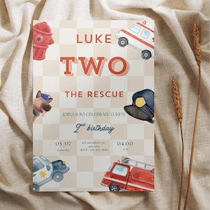 May include: A birthday invitation with a rescue theme. The invitation features illustrations of a fire hydrant, ambulance, police car, fire truck, and a police dog. The text reads "LUKE TWO THE RESCUE" and includes party details.