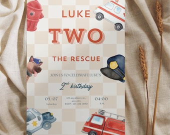 Two The Rescue Birthday Invitation: Emergency Vehicles Canva Template (Digital Download
