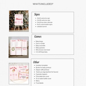 May include: A baby shower bundle with the text "Baby Shower Bundle" at the top. The image includes a welcome sign, games, and other items like invitation templates, diaper raffle printouts, and cupcake toppers. The welcome sign is 18x24 inches.