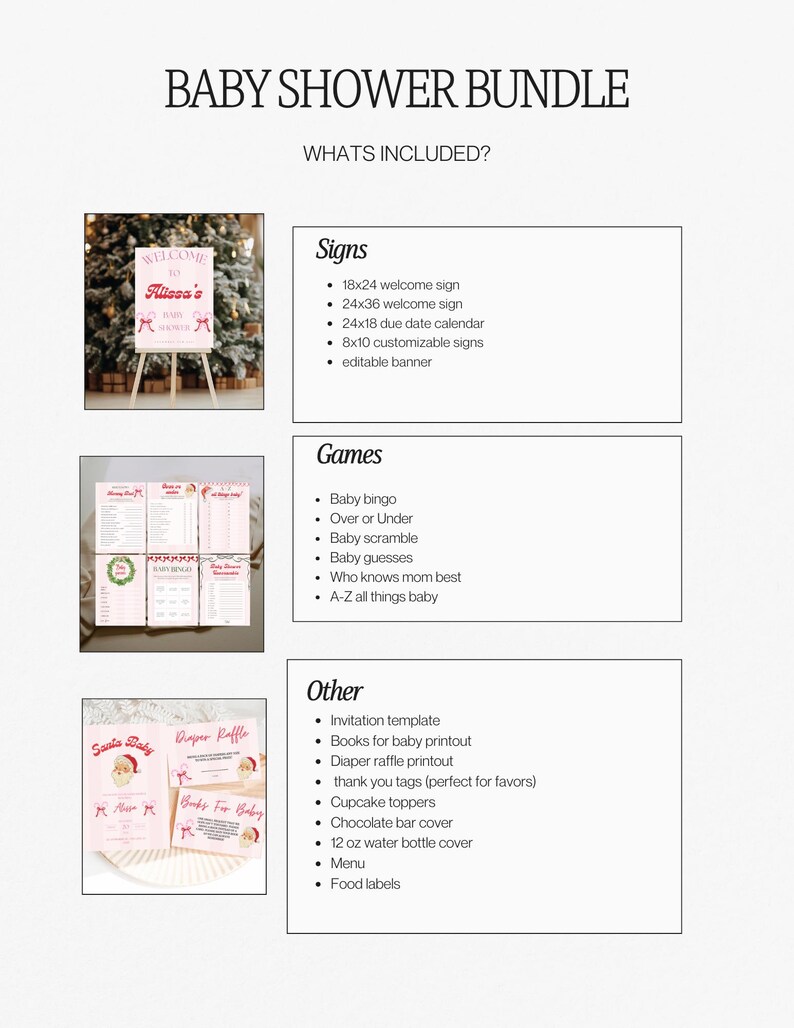 May include: A baby shower bundle with the text "Baby Shower Bundle" at the top. The image includes a welcome sign, games, and other items like invitation templates, diaper raffle printouts, and cupcake toppers. The welcome sign is 18x24 inches.