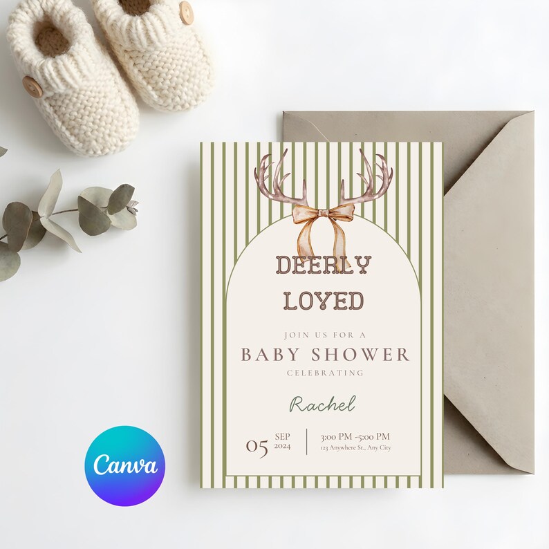 May include: A rectangular baby shower invitation card featuring a vertical olive green striped border, a central arch, and a watercolor illustration of deer antlers with a tan bow. The text reads DEERLY LOVED, JOIN US FOR A BABY SHOWER, CELEBRATING Rachel, 05 SEP 2024, 3:00 PM - 5:00 PM, 123 Anywhere St., Any City.