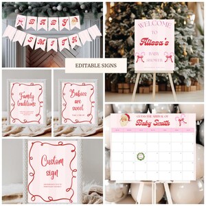 May include: A collection of pink and white baby shower decorations. Includes a banner that says "BABY SMITH", framed signs with text, a welcome sign, and a calendar. The signs have red text and decorative borders.