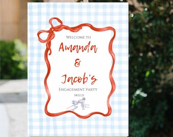 Engagement Party Welcome Sign: Blue Gingham, Red Ribbon (Canva Template, Digital Download 18x24 inches)