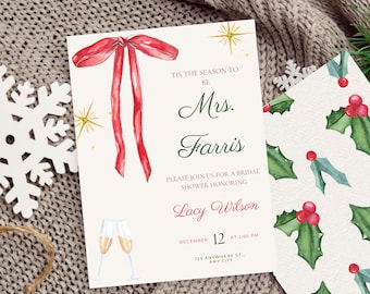 May include: Bridal shower invitation with a red bow and text. The invitation reads "Tis the season to be Mrs. Farris" and invites guests to a shower honoring Lacy Wilson on December 12th at 2:00 PM.