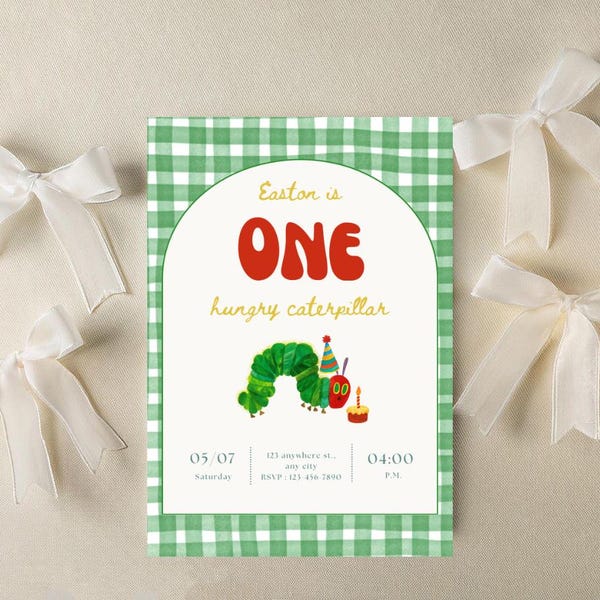Invitación de cumpleaños de la Oruga Hambrienta • Invitación editable para el primer cumpleaños • Imprimible para fiesta de la Oruga • Fiesta de cumpleaños de libros