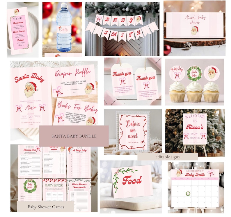 May include: A collection of pink and white Santa Baby themed baby shower decorations. Includes invitations, games, thank you tags, cupcake toppers, a banner, and signs. The text includes "Santa Baby", "Babies are sweet", and "Food".
