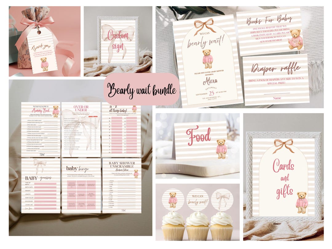 Pink Teddy Bear Baby Shower Bundle: Editable Canva Invitation (digital ...