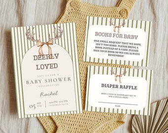 Deerly Loved Baby Shower Invitation Template, Woodland Baby Shower Invite, Editable Canva Baby Shower Invitation, Deer Theme Baby Shower