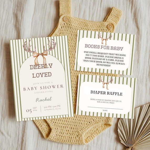 Deerly Loved Baby Shower Invitation Template, Woodland Baby Shower Invite, Editable Canva Baby Shower Invitation, Deer Theme Baby Shower