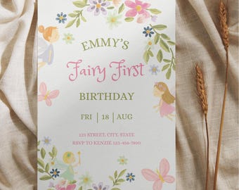 Fairy First Birthday Invitation: Editable Floral Template (Digital Download)