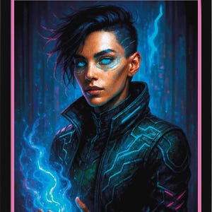 May include: Digital art print of a person with blue eyes and glowing blue energy in their hands. The person wears a black jacket with blue and pink accents. The background is a dark, blurred forest scene.