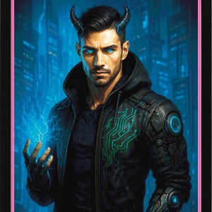 May include: Digital art print of a man with glowing blue eyes and horns, wearing a black jacket with green circuit board designs. The man is holding blue energy, set against a futuristic cityscape.