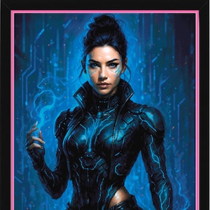 May include: Digital art print of a woman in a futuristic black suit with blue glowing accents. The artwork features a dark color palette with a blue energy effect emanating from the woman's hand. The image is framed in black with a pink border.