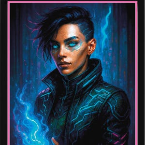 May include: Digital art print of a person with blue eyes and glowing blue energy in their hands. The person wears a black jacket with blue and pink accents. The background is a dark, futuristic scene with blue hues.