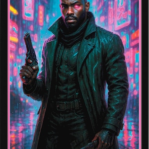 May include: Digital art print of a man in a black leather coat, holding a gun and a knife. The background features neon signs in a futuristic city, with pink and blue hues. The man has a serious expression.
