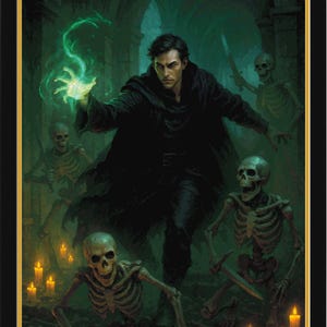 May include: A framed fantasy art print depicting a dark-haired figure in a black cloak, conjuring green energy. Skeletons with swords and candles surround the figure in a dimly lit, gothic setting.