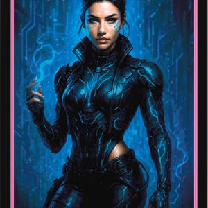 May include: Digital art print of a woman in a futuristic black and blue suit, framed in black with a pink border. The woman has blue accents on her face and is holding a glowing blue energy. The background is a blue digital design.