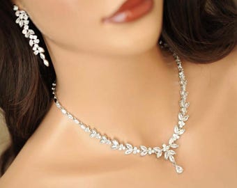 Bridal Leaves Jewelry Set for Bride, Silver and Clear Crystal Jewellery Set for Wedding, Bridal Necklace with Bracelet and Earrings