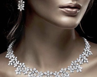 Bridal Jewelry Set, Statement Necklace and Earrings Set, Wedding Jewelry, Crystal Flower Necklace Set, Armenian, Indian Style Jewelry