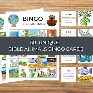 Bible Animals Bingo | 50 Colored & Black White Cards for Kids, Church Games, Sunday School Activity, Bible Study Fun, Printable Game Set