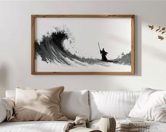Minimalistisk Japandi-konst Sumi-e-inspirerad bläck för ram-TV, Moses skiss-TV-konst, våglandskap digital dekor, modern väggkonst nedladdning 87