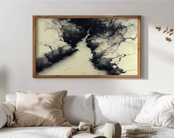 Minimalistisk japanskinspirerad monokrom ram-TV-konst, bläck och linjer negativt utrymme, Wabi-Sabi ram-TV-dekor, digital nedladdning Sumi-e 229
