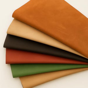 May include: A fan of various colored leather sheets. The colors include shades of brown, tan, black, red, green, and beige. The leather sheets are stacked on top of each other, creating a layered effect. The leather appears to be smooth and of high quality.