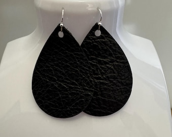 Black Leather Teardrop Earrings | Lightweight Genuine Leather Earrings | Trendy Handmade Jewelry Gift for Women