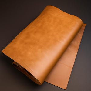May include: A rolled sheet of tan-colored leather, with a smooth, slightly glossy surface. The leather is folded over, revealing a second sheet of the same material. The background is a dark gray.