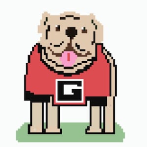 May include: Pixelated illustration of a bulldog wearing a red jersey with a white and black "G" logo. The dog has a tan coat, a pink tongue, and is standing on a green surface. The image has a retro video game aesthetic.