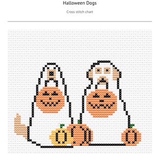 May include: Cross stitch chart titled "Halloween Dogs." The image features two dogs in ghost costumes, each holding a jack-o'-lantern. The pumpkins are orange with black smiles. The dogs are white with tan ears and paws. The chart is on a white background.