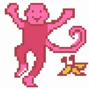 May include: Pixelated pink monkey illustration with arms raised and a curled tail. A yellow banana is next to the monkey. The monkey is in a playful pose, with a white background.